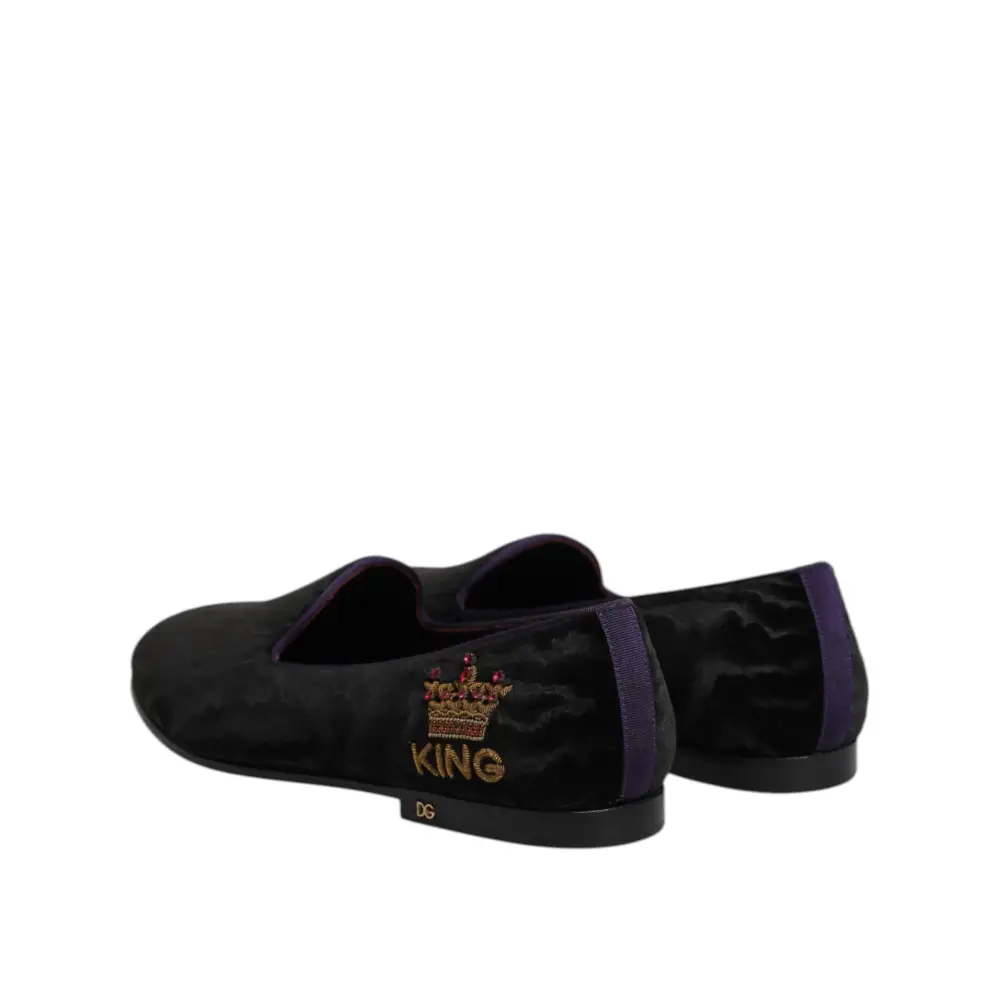 Dolce & Gabbana Schwarz DG Crown Stickerei Loafers Slip On Schuhe - EU42/US9