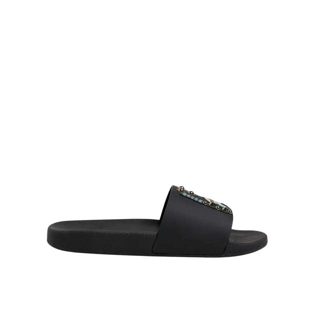 Dolce & Gabbana Schwarz Divers Leder Flats Slides Sandalen Beachwear Schuhe - EU46/US13