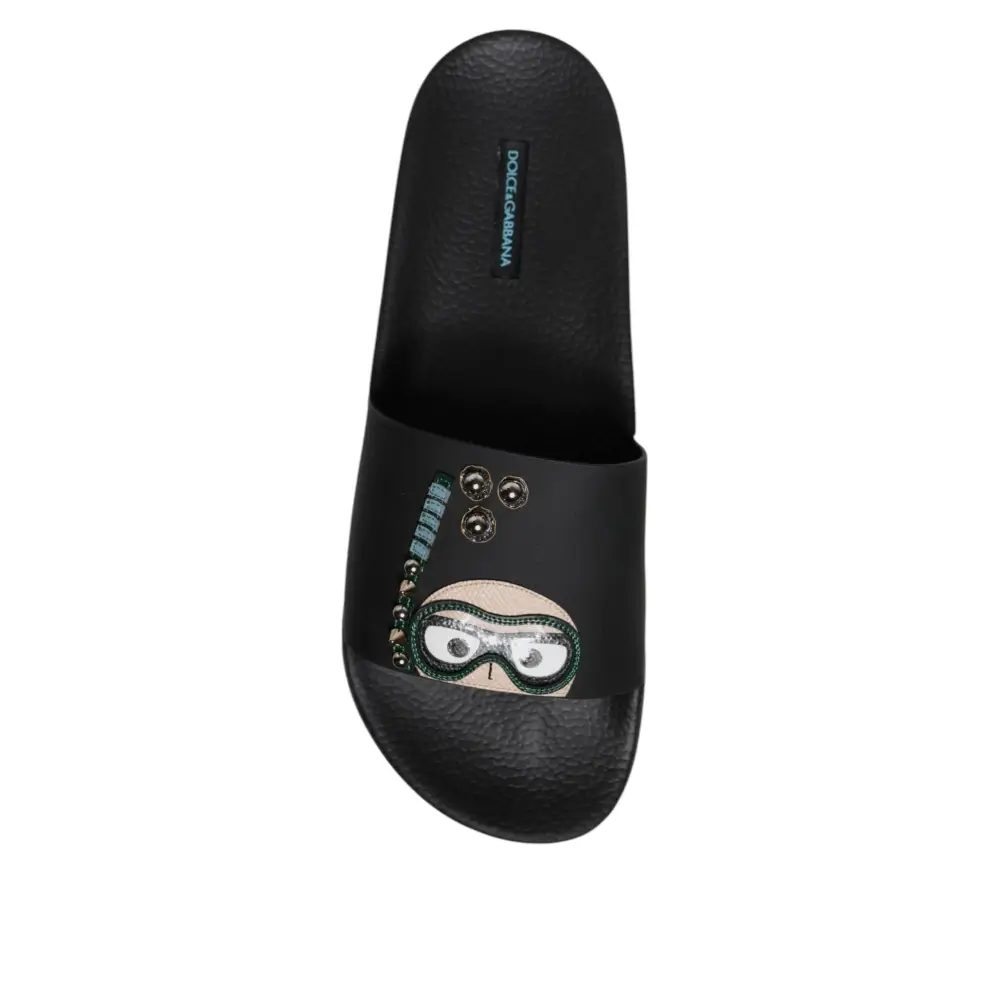 Dolce & Gabbana Schwarz Divers Leder Flats Slides Sandalen Beachwear Schuhe - EU46/US13