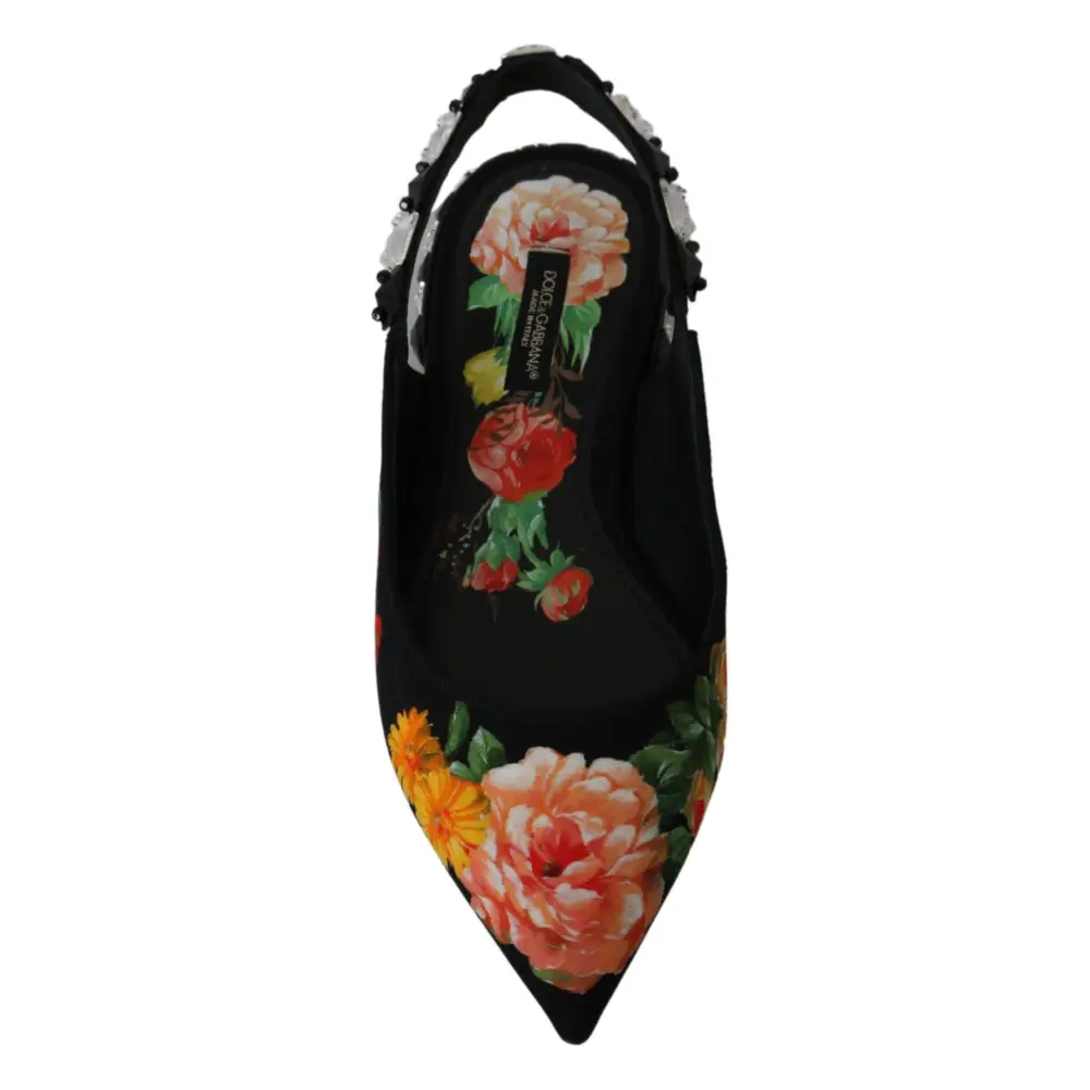 Dolce & Gabbana Schwarz Floral Kristall Slingbacks Flats Schuhe