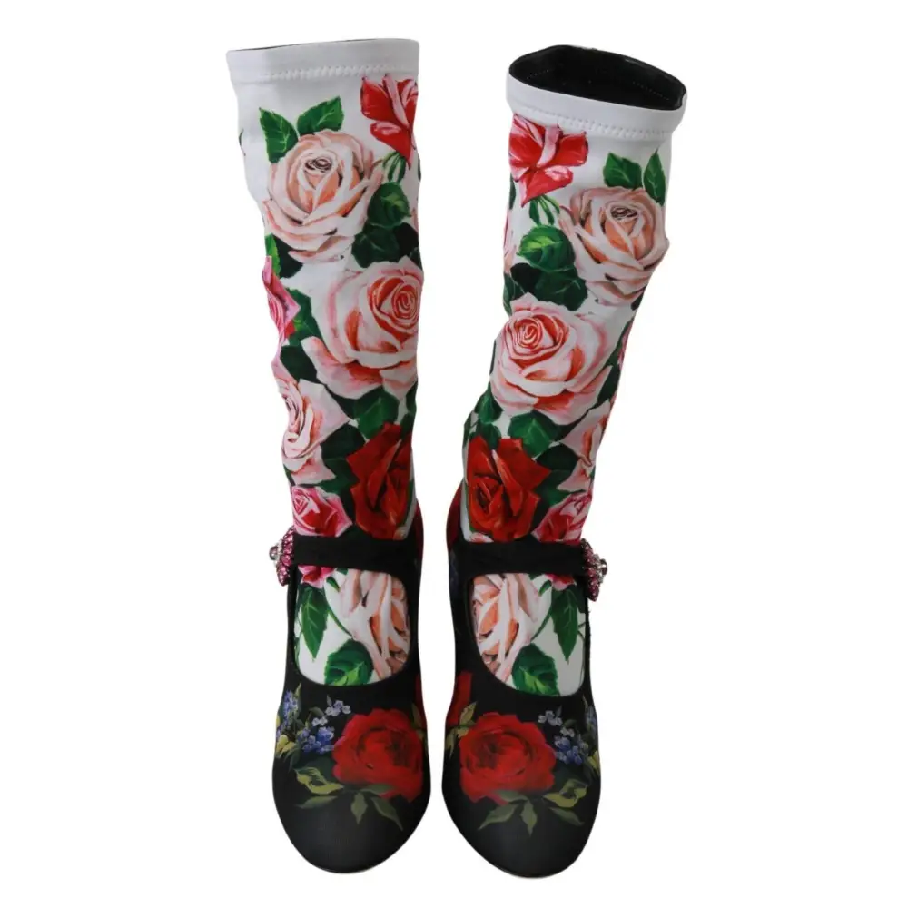 Dolce & Gabbana Schwarz Floral Socken Crystal Jersey Stiefel Schuhe - EU38/US7.5