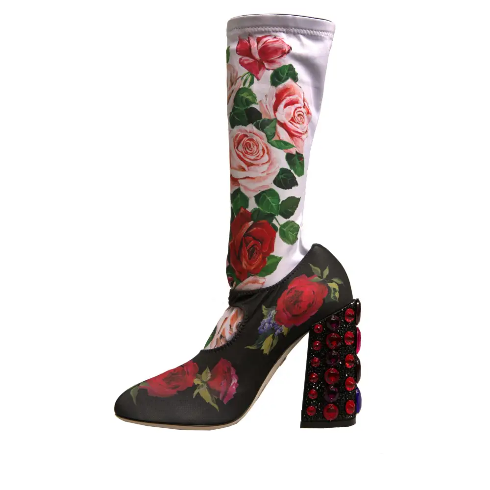 Dolce & Gabbana Schwarz Floral Socken Kristall Stiefel Jersey Schuhe - EU38/US7.5