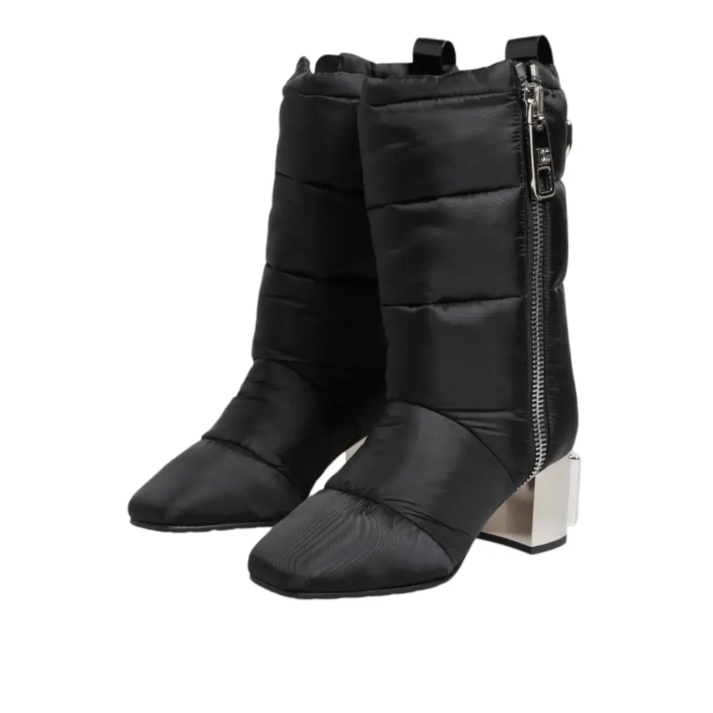 Dolce & Gabbana Schwarz gepolsterte Mid Calf Logo Heel Stiefel Schuhe
