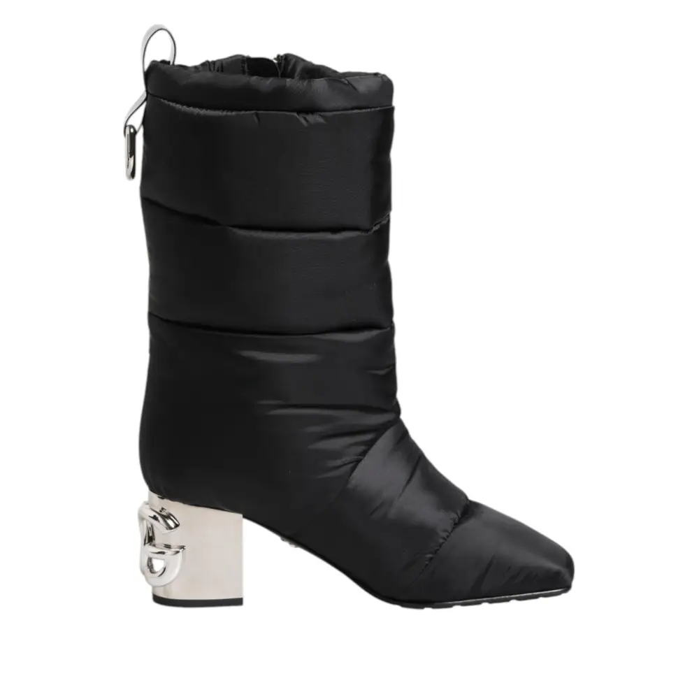 Dolce & Gabbana Schwarz gepolsterte Mid Calf Logo Heel Stiefel Schuhe
