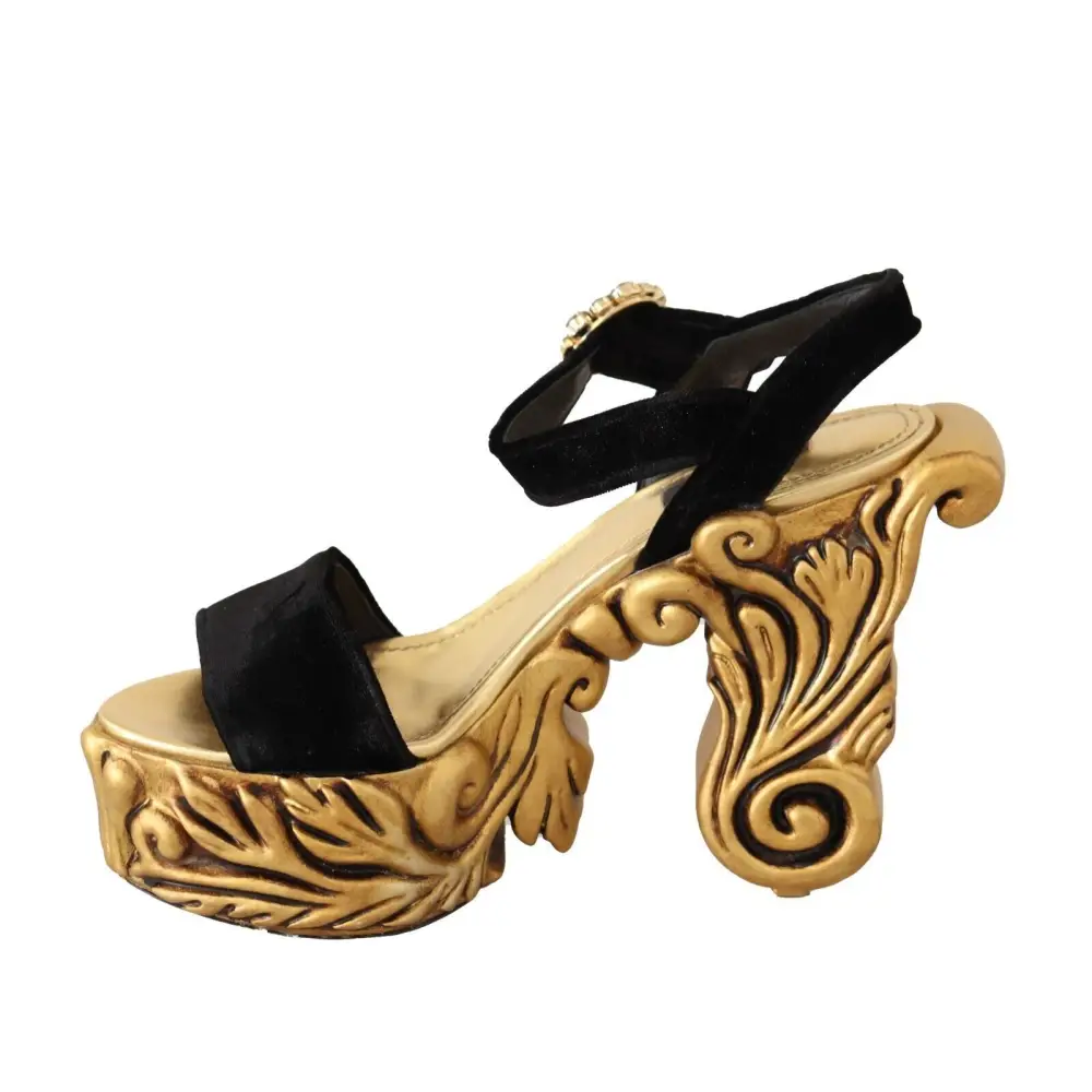 Dolce & Gabbana Schwarz Gold Barock Samt Heels Kristall Schuhe - EU38/US7.5