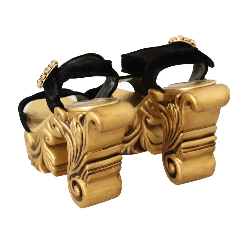 Dolce & Gabbana Schwarz Gold Barock Samt Heels Kristall Schuhe - EU38/US7.5
