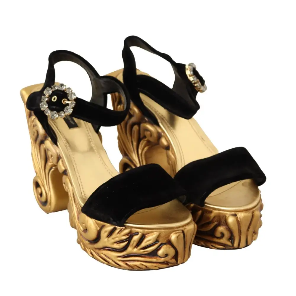 Dolce & Gabbana Schwarz Gold Barock Samt Heels Kristall Schuhe - EU38/US7.5