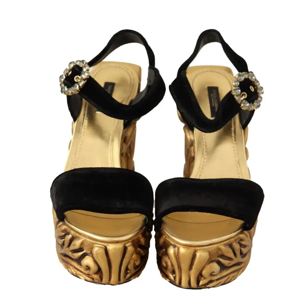 Dolce & Gabbana Schwarz Gold Barock Samt Heels Kristall Schuhe - EU38/US7.5