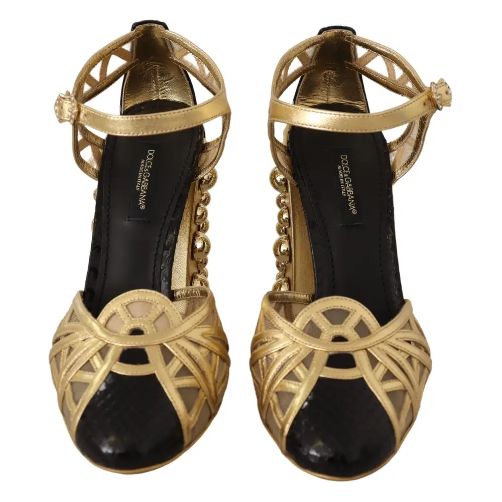Dolce & Gabbana Schwarz Gold Leder Nieten Riemchen Schuhe