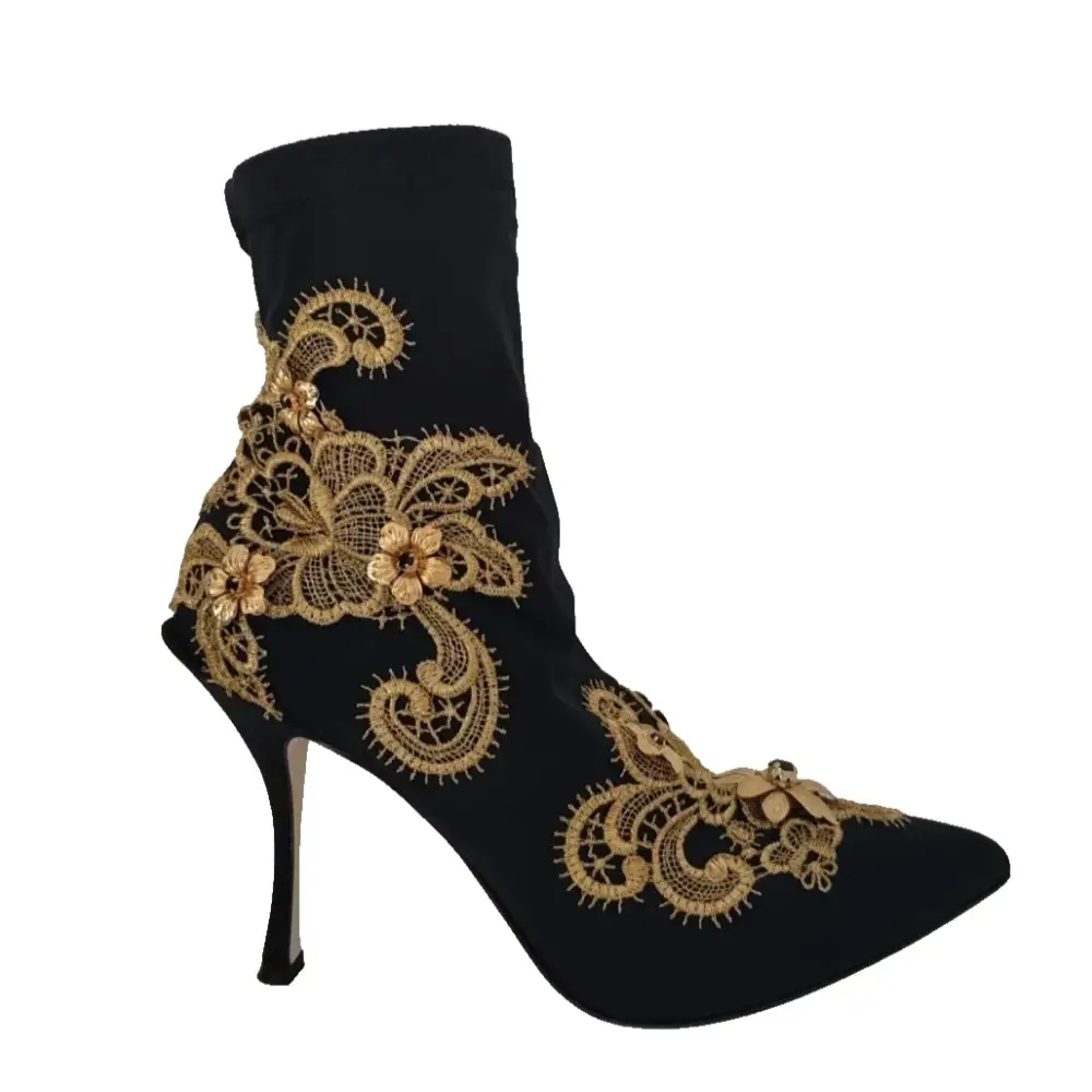 Dolce & Gabbana Schwarz Gold Stickerei Kristall Stiefel Schuhe