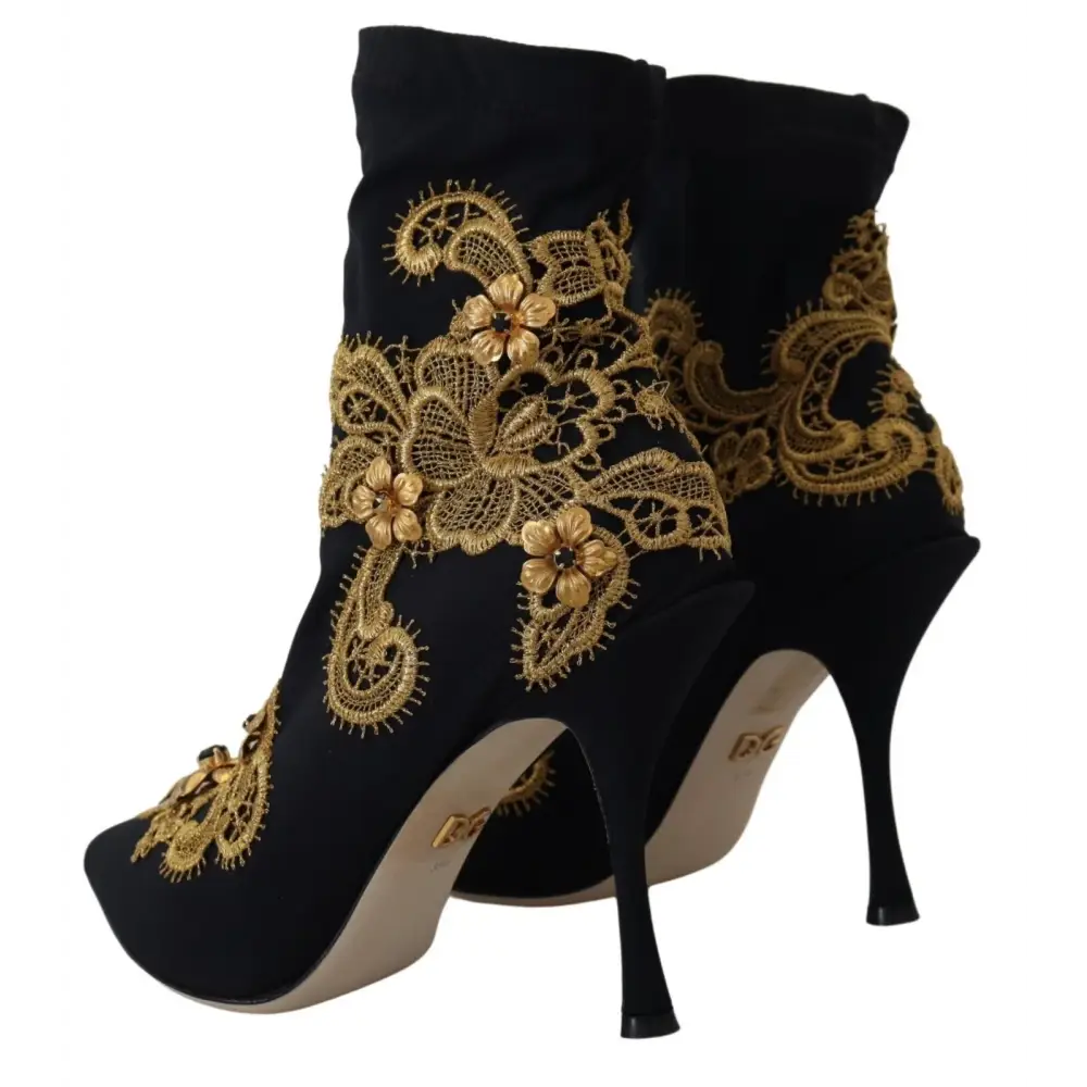 Dolce & Gabbana Schwarz Gold Stickerei Kristall Stiefel Schuhe