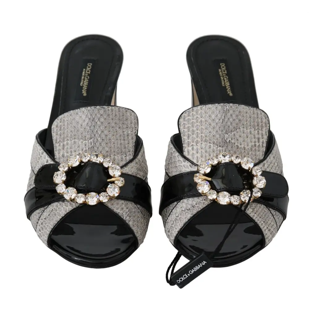 Dolce & Gabbana Schwarz Grau Exotisches Leder Kristalle Sandalen Schuhe