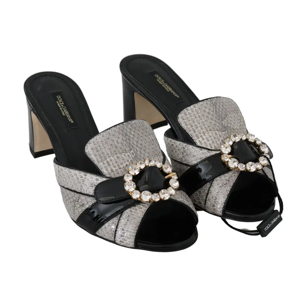 Dolce & Gabbana Schwarz Grau Exotisches Leder Kristalle Sandalen Schuhe