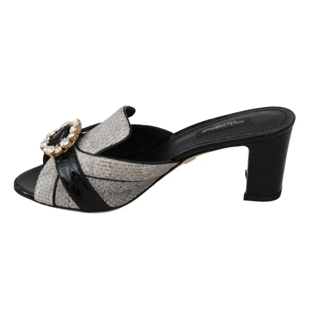 Dolce & Gabbana Schwarz Grau Exotisches Leder Kristalle Sandalen Schuhe - EU37/US6.5