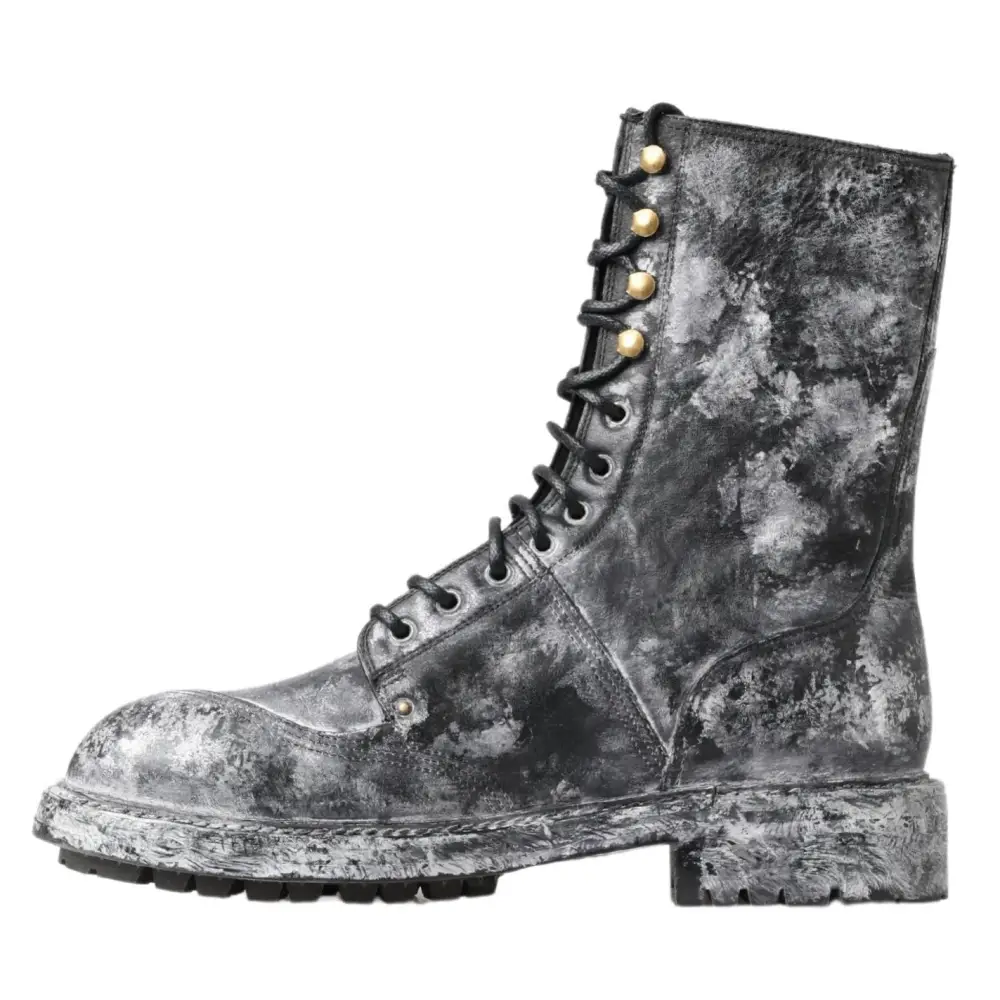 Dolce & Gabbana Schwarz Gray Leder Mid Calf Stiefel Schuhe