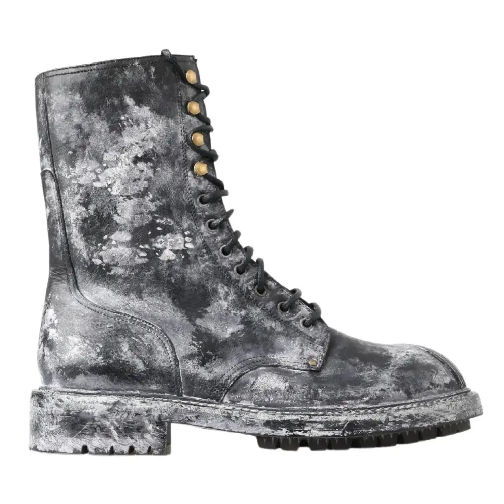 Dolce & Gabbana Schwarz Gray Leder Mid Calf Stiefel Schuhe