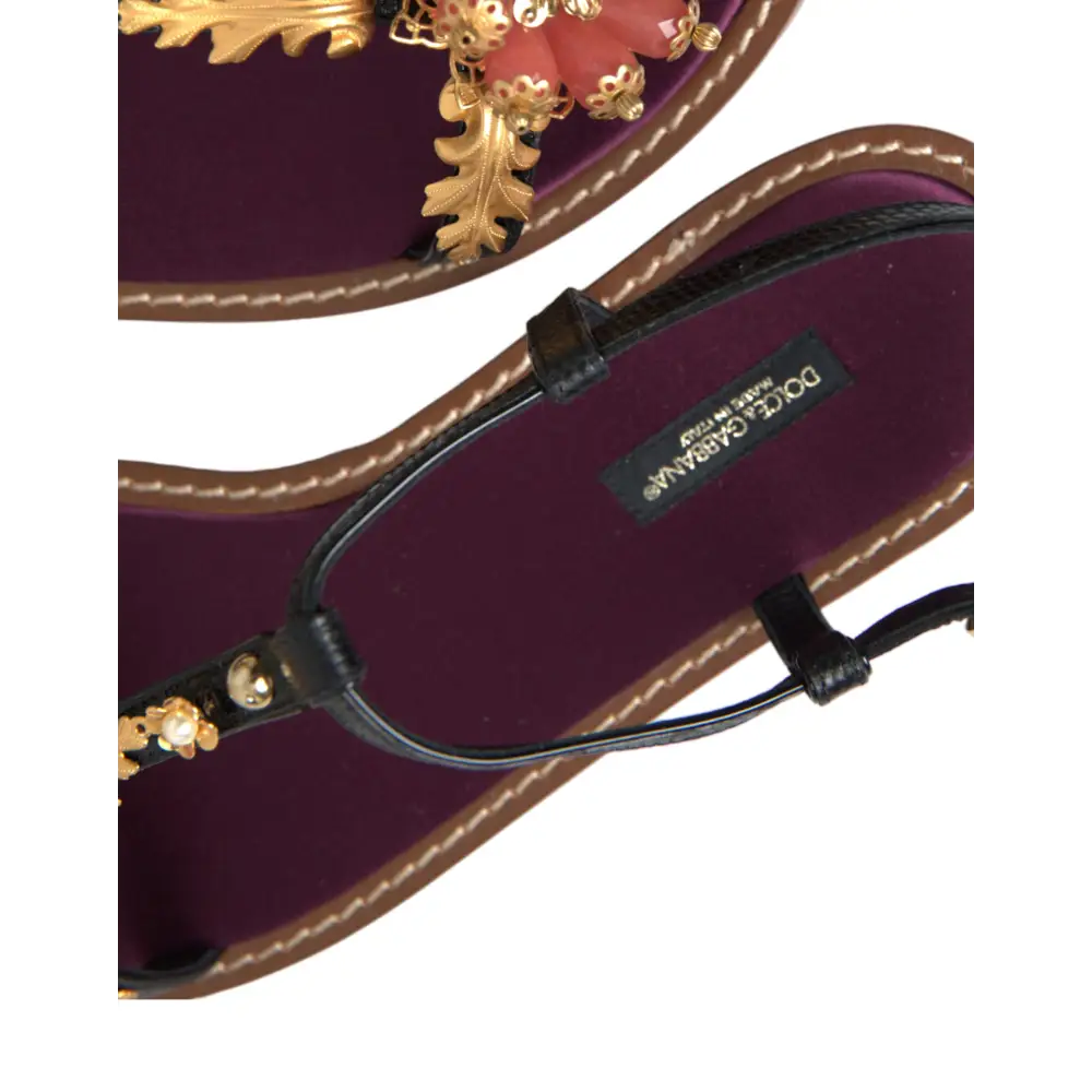 Dolce & Gabbana Schwarz Kristall Gold Sandalen Leder Schuhe