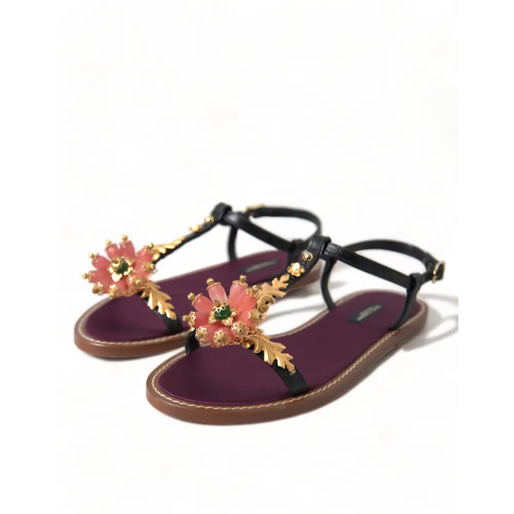 Dolce & Gabbana Schwarz Kristall Gold Sandalen Leder Schuhe