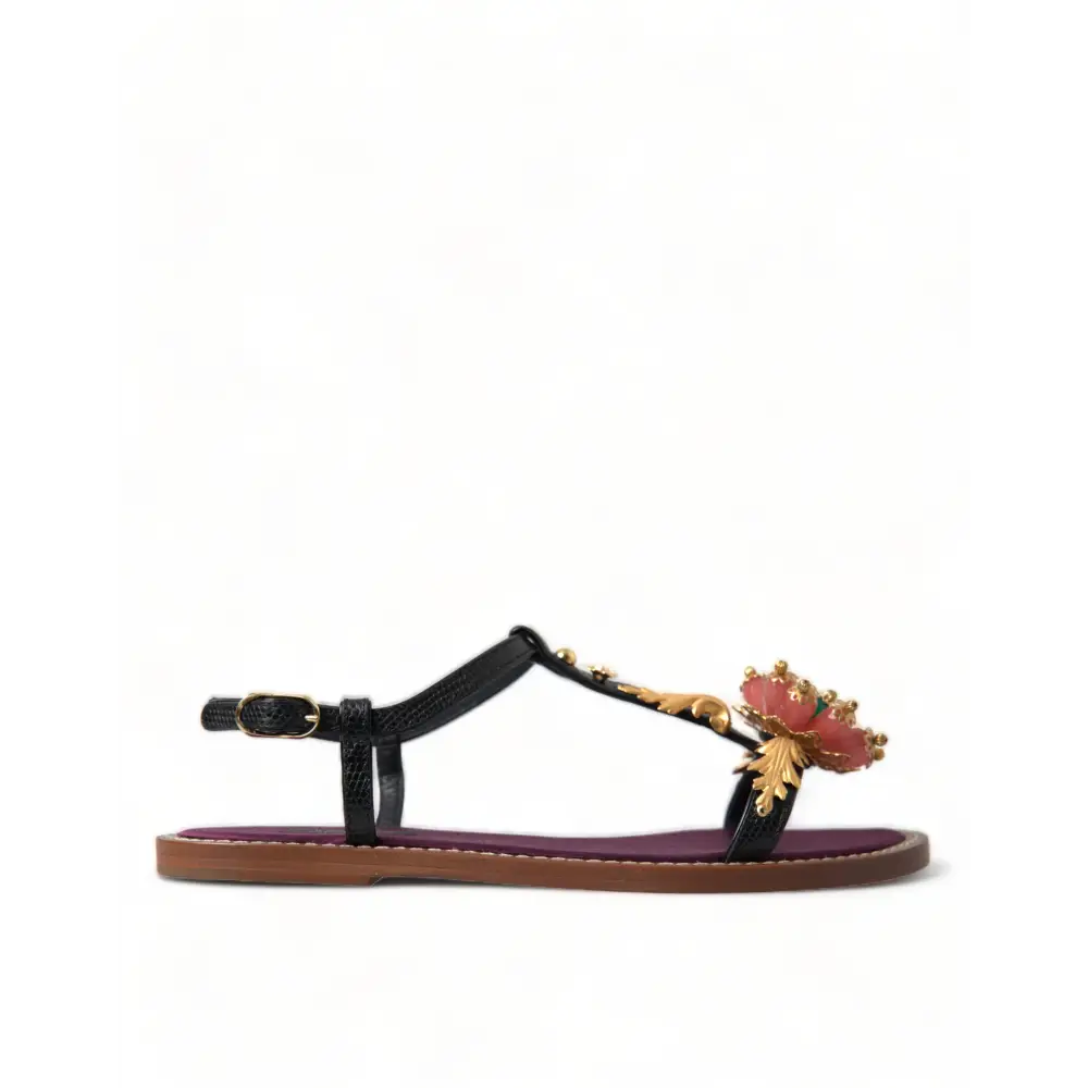 Dolce & Gabbana Schwarz Kristall Gold Sandalen Leder Schuhe