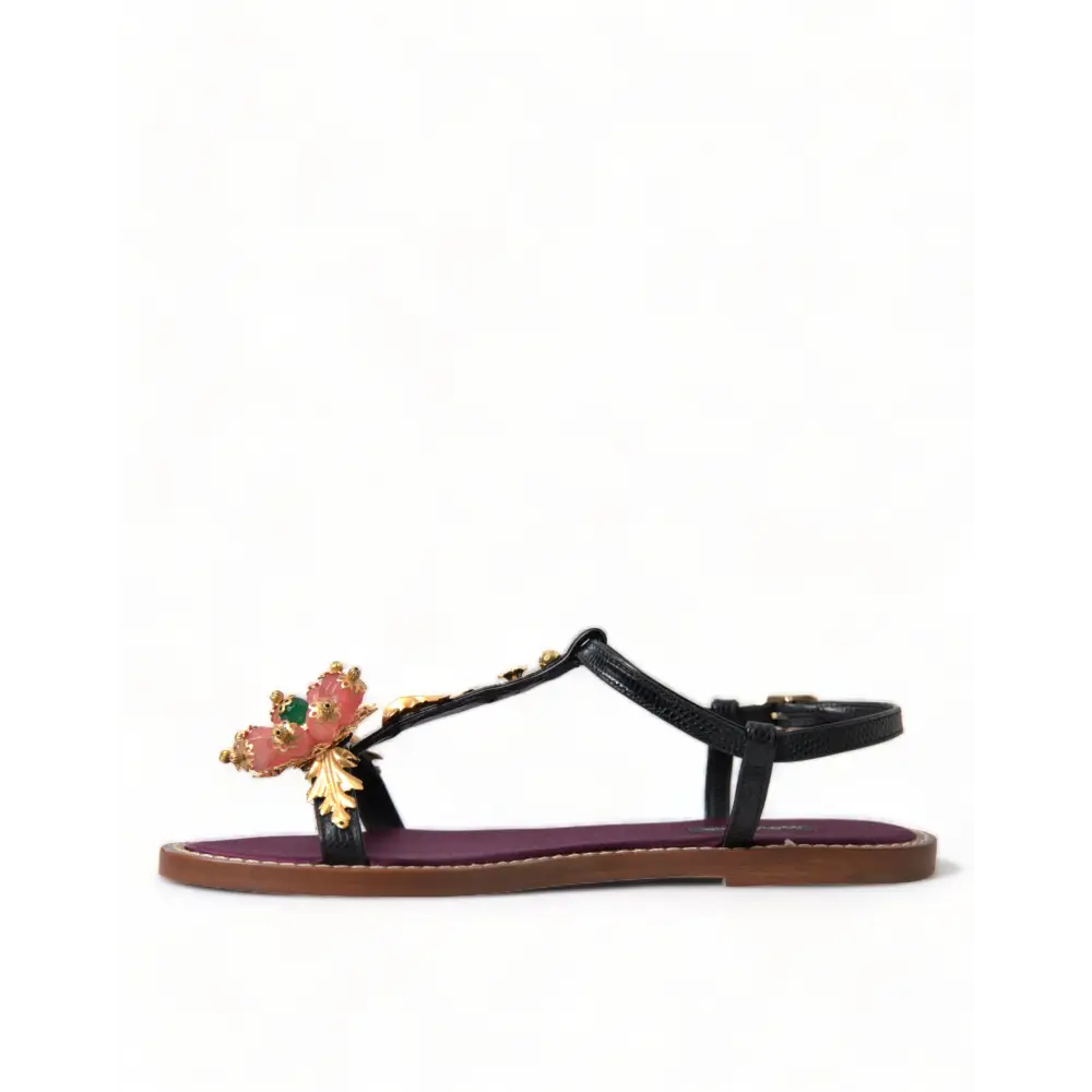 Dolce & Gabbana Schwarz Kristall Gold Sandalen Leder Schuhe