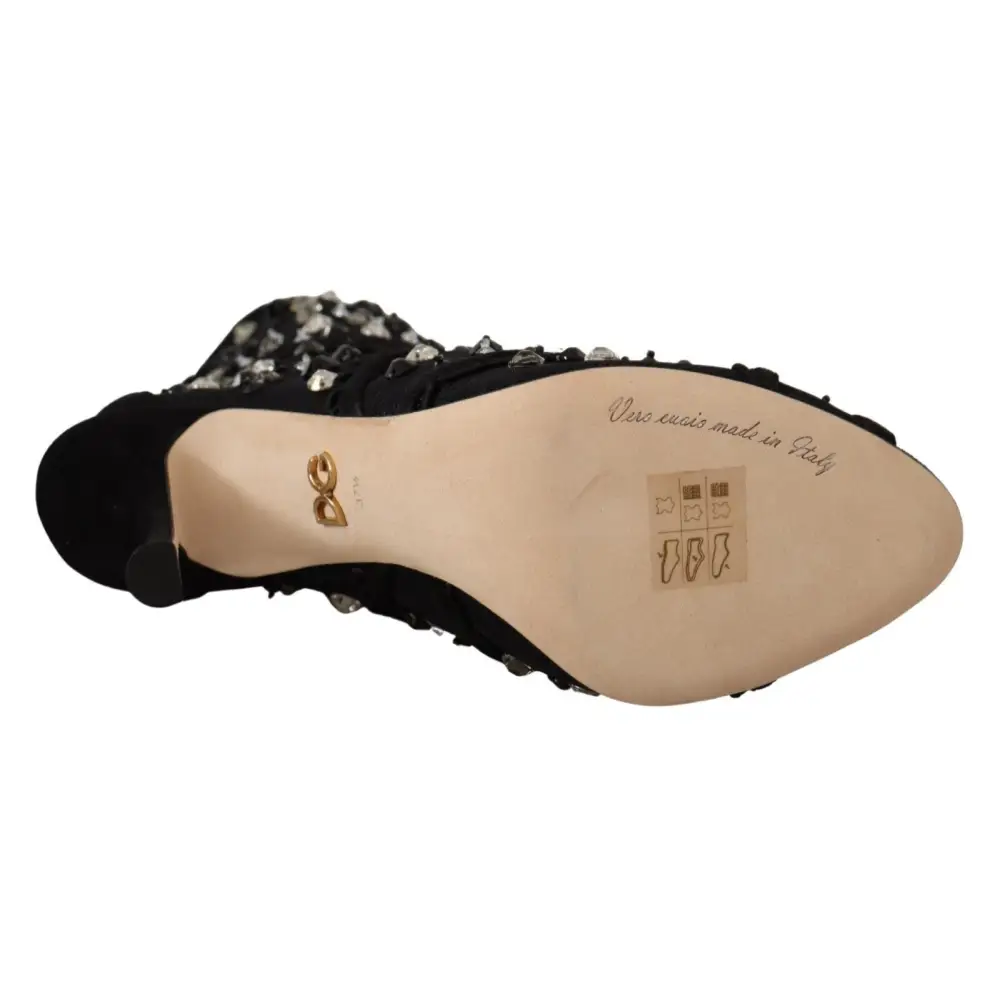 Dolce & Gabbana Schwarz Kristalle Heels Reißverschluss Kurze Stiefel Schuhe