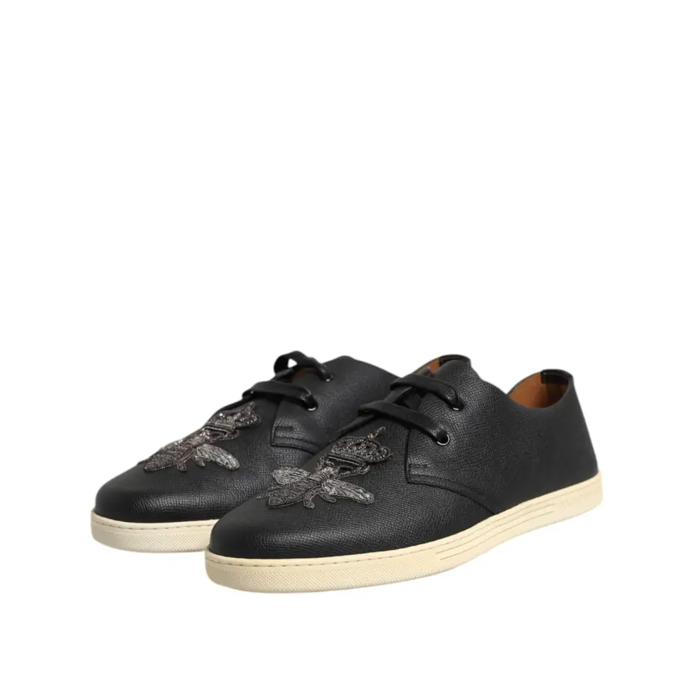 Dolce & Gabbana Schwarz Leder Bee Crown Low Top Sneakers Schuhe - EU42/US9