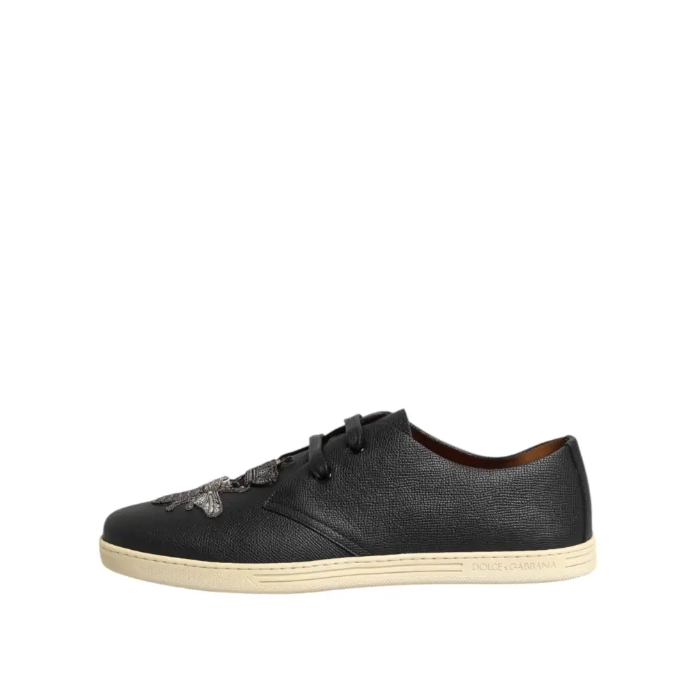 Dolce & Gabbana Schwarz Leder Bee Crown Low Top Sneakers Schuhe - EU42/US9