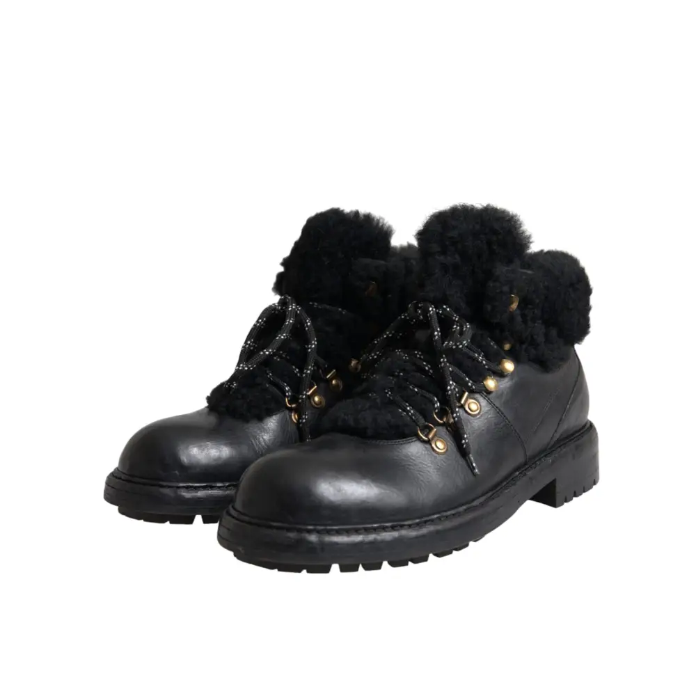 Dolce & Gabbana Schwarz Leder Bernini Shearling Stiefel Schuhe - EU44/US11