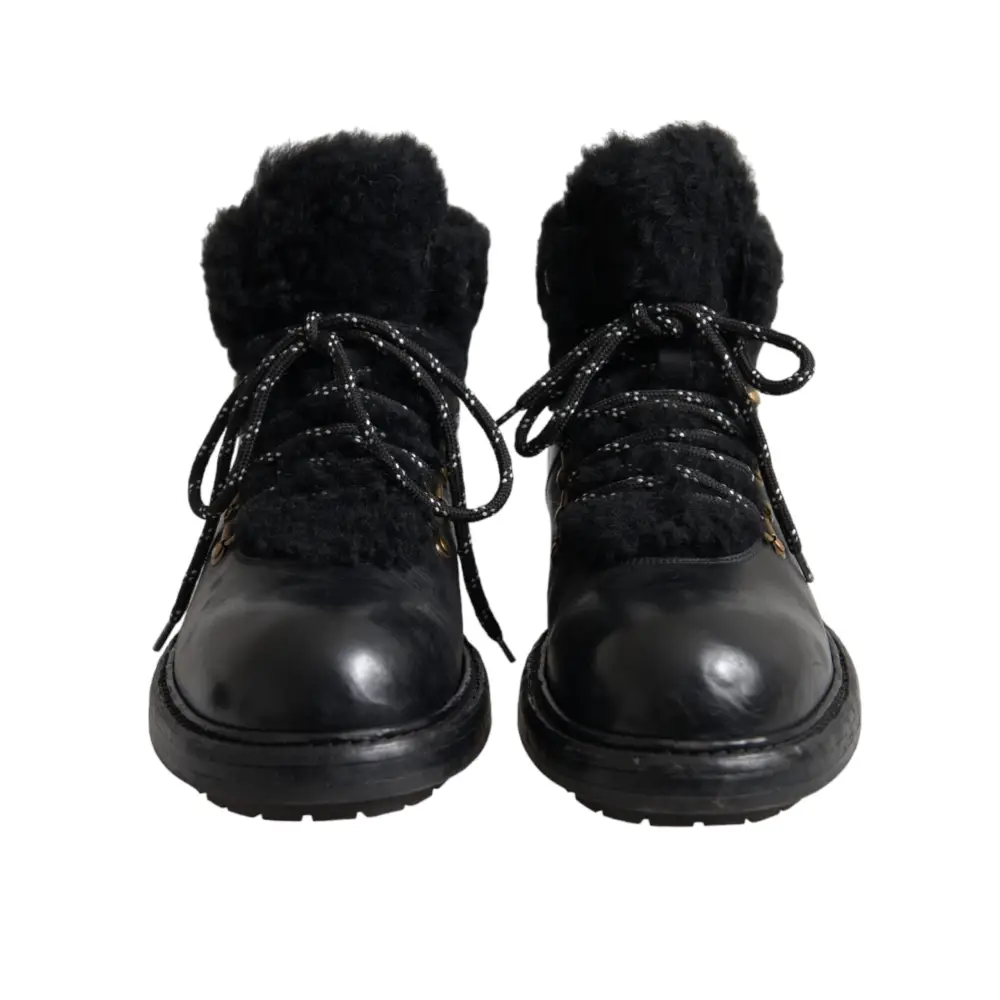 Dolce & Gabbana Schwarz Leder Bernini Shearling Stiefel Schuhe - EU44/US11