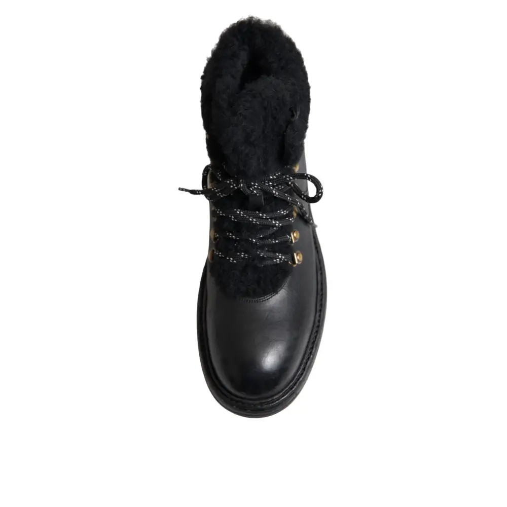 Dolce & Gabbana Schwarz Leder Bernini Shearling Stiefel Schuhe - EU44/US11