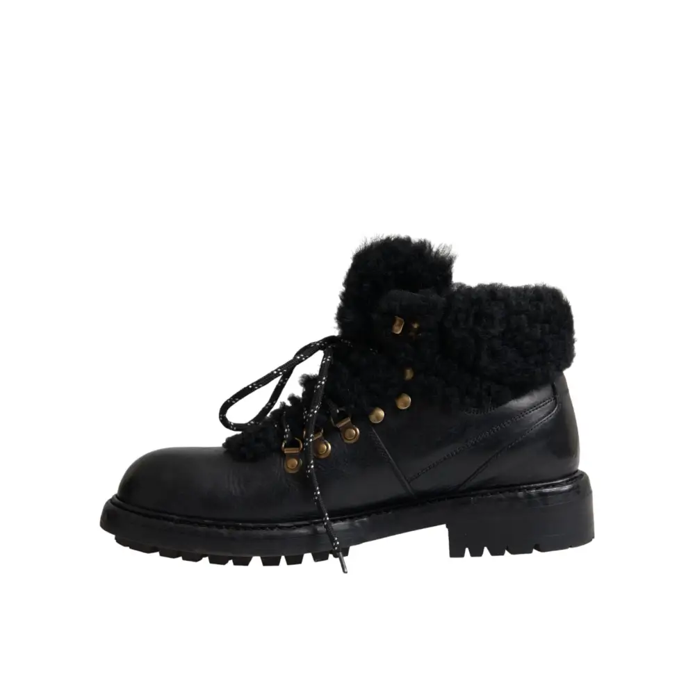Dolce & Gabbana Schwarz Leder Bernini Shearling Stiefel Schuhe - EU44/US11