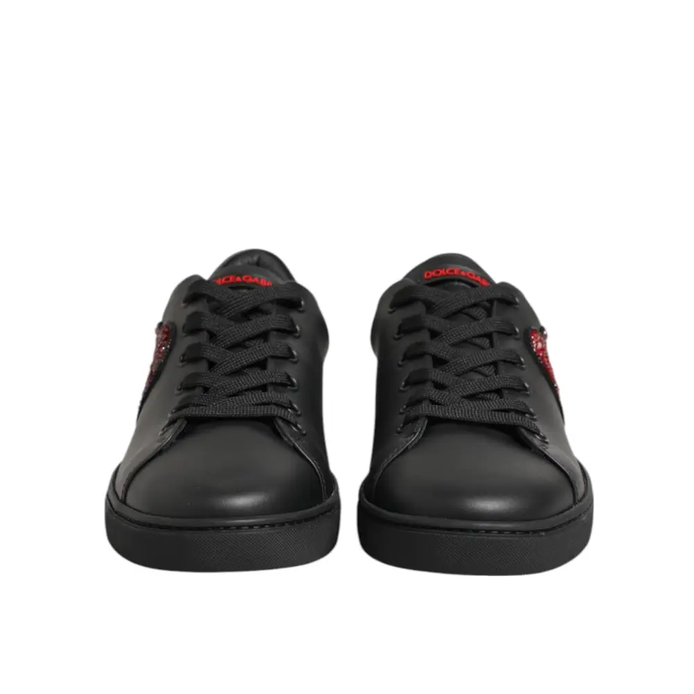 Dolce & Gabbana Schwarz Leder Crystal Heart Low Top Sneakers Schuhe