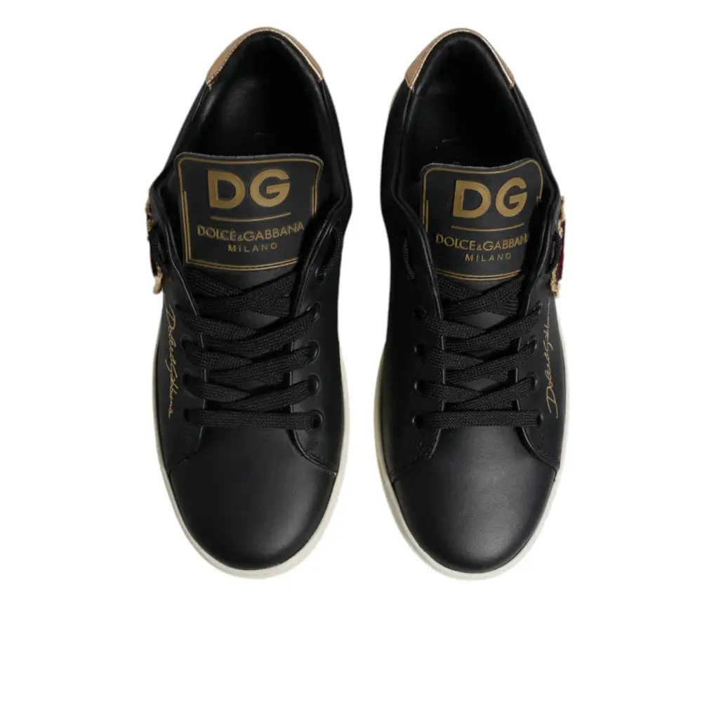 Dolce & Gabbana Schwarz Leder Gold Rot Herz Turnschuhe Schuhe - EU35/US4.5