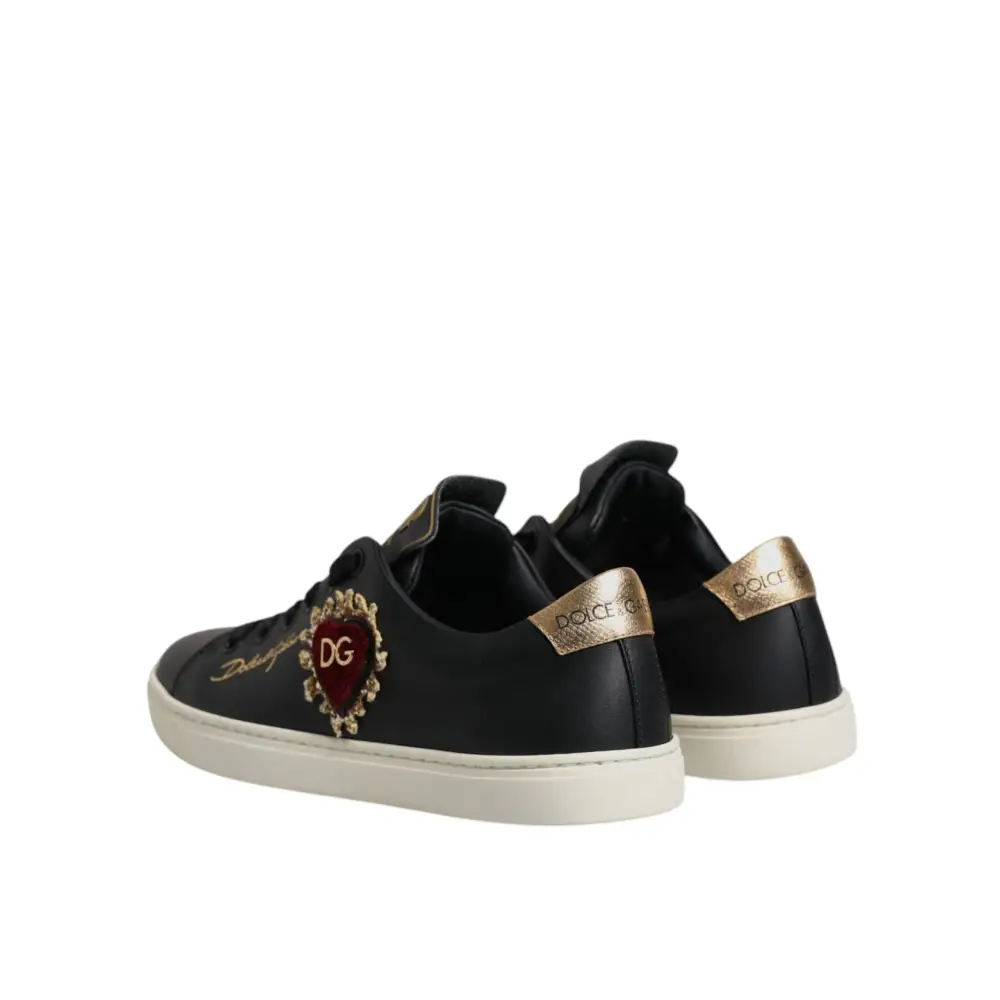 Dolce & Gabbana Schwarz Leder Gold Rot Herz Turnschuhe Schuhe - EU35/US4.5