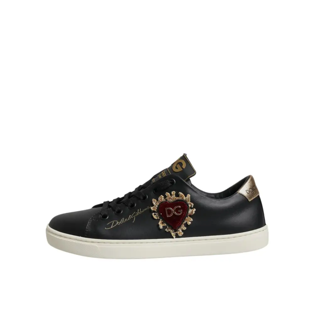 Dolce & Gabbana Schwarz Leder Gold Rot Herz Turnschuhe Schuhe - EU35/US4.5