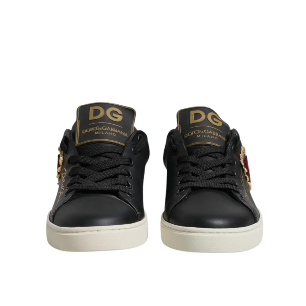 Dolce & Gabbana Schwarz Leder Gold Rot Herz Turnschuhe Schuhe - EU35/US4.5