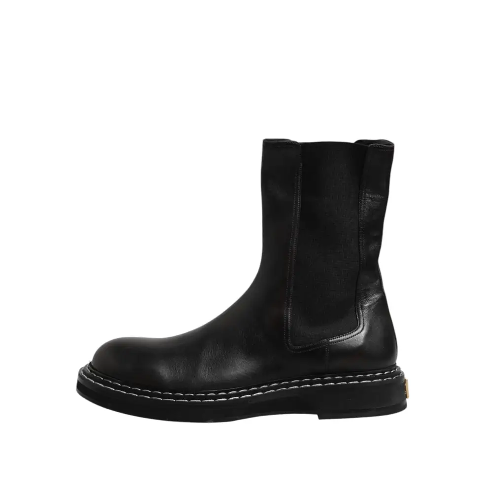 Dolce & Gabbana Schwarz Leder Mid Calf Stiefel Flats Schuhe - EU44/US11