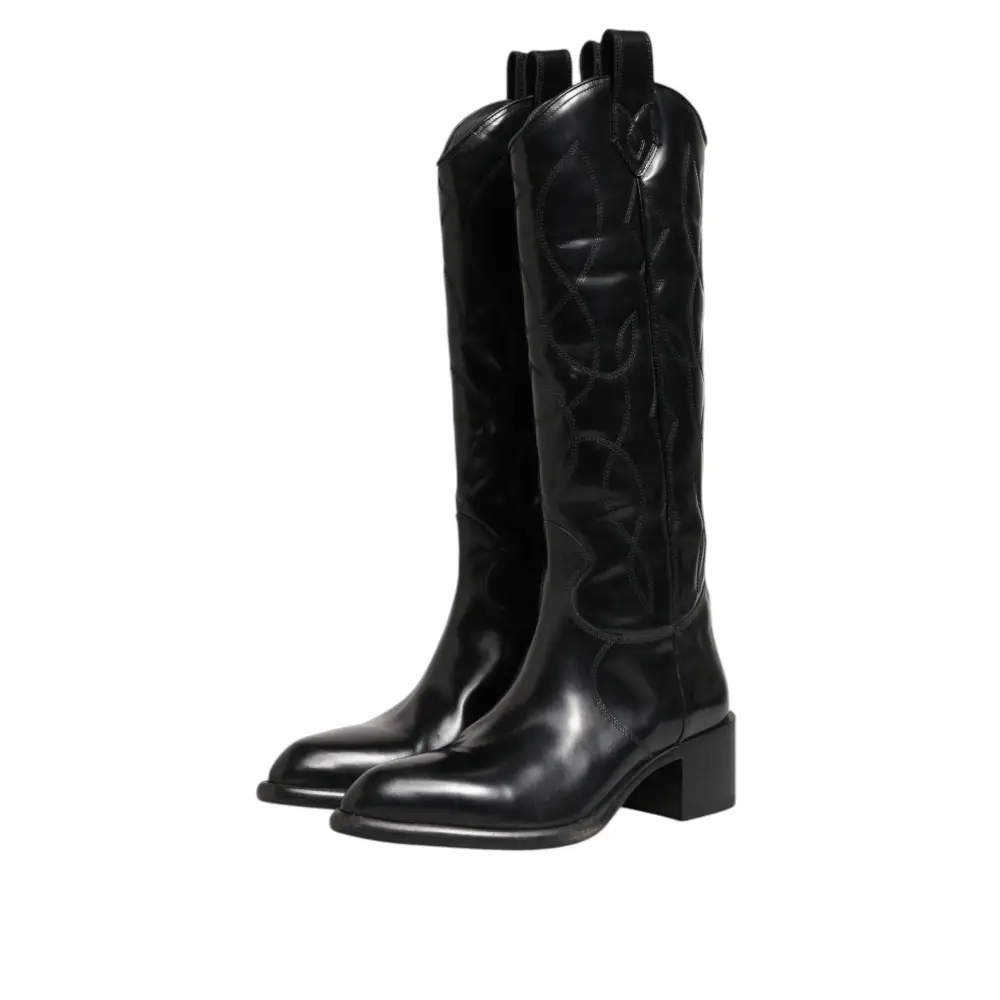 Dolce & Gabbana Schwarz Leder Over The Calf Biker Stiefel Schuhe - EU44/US11