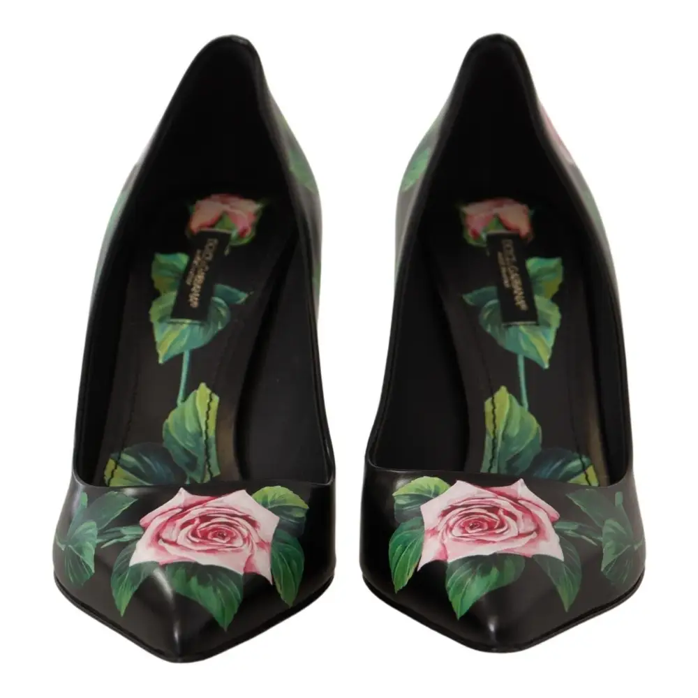 Dolce & Gabbana Schwarz Leder Rosen High Heels Pumps Schuhe