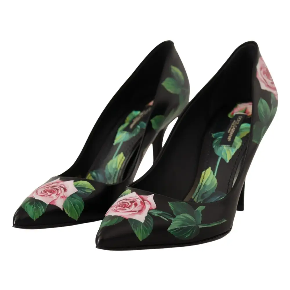 Dolce & Gabbana Schwarz Leder Rosen High Heels Pumps Schuhe