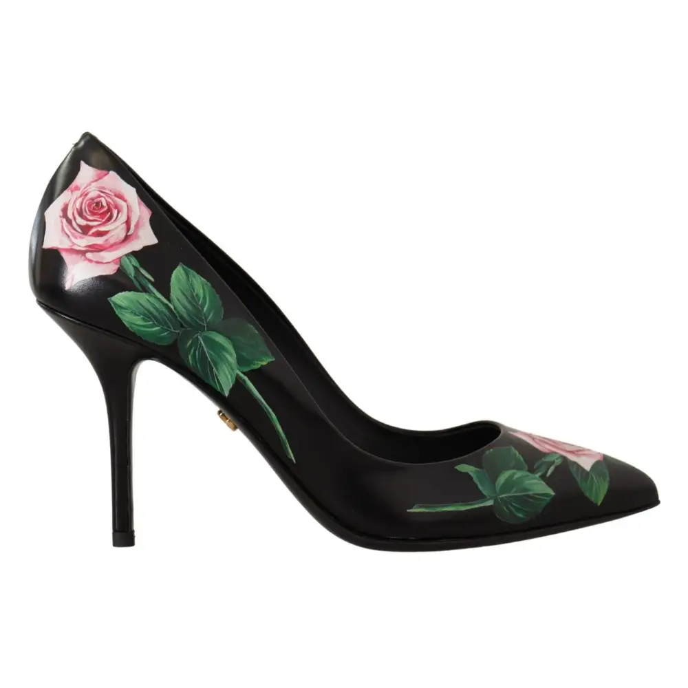Dolce & Gabbana Schwarz Leder Rosen High Heels Pumps Schuhe