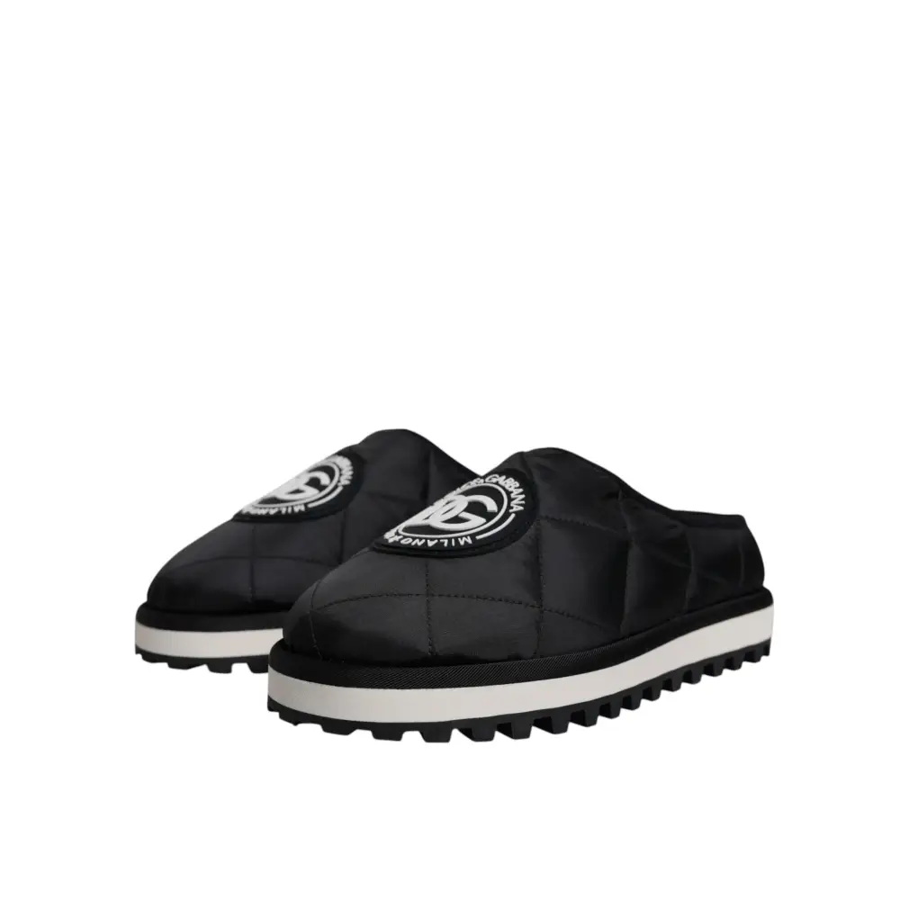 Dolce & Gabbana Schwarz Nylon gesteppt Logo Patch Sandalen Rutschen Schuhe - EU44/US11