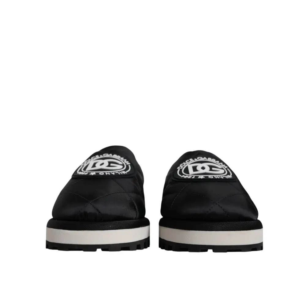 Dolce & Gabbana Schwarz Nylon gesteppt Logo Patch Sandalen Rutschen Schuhe - EU44/US11