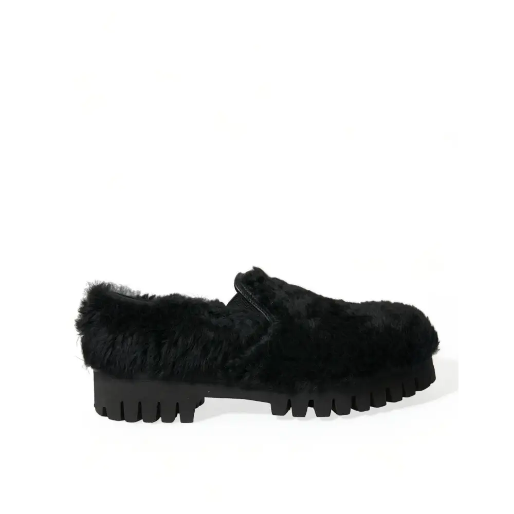 Dolce & Gabbana Schwarz Pelz Leder Hausschuhe Kleid Schuhe