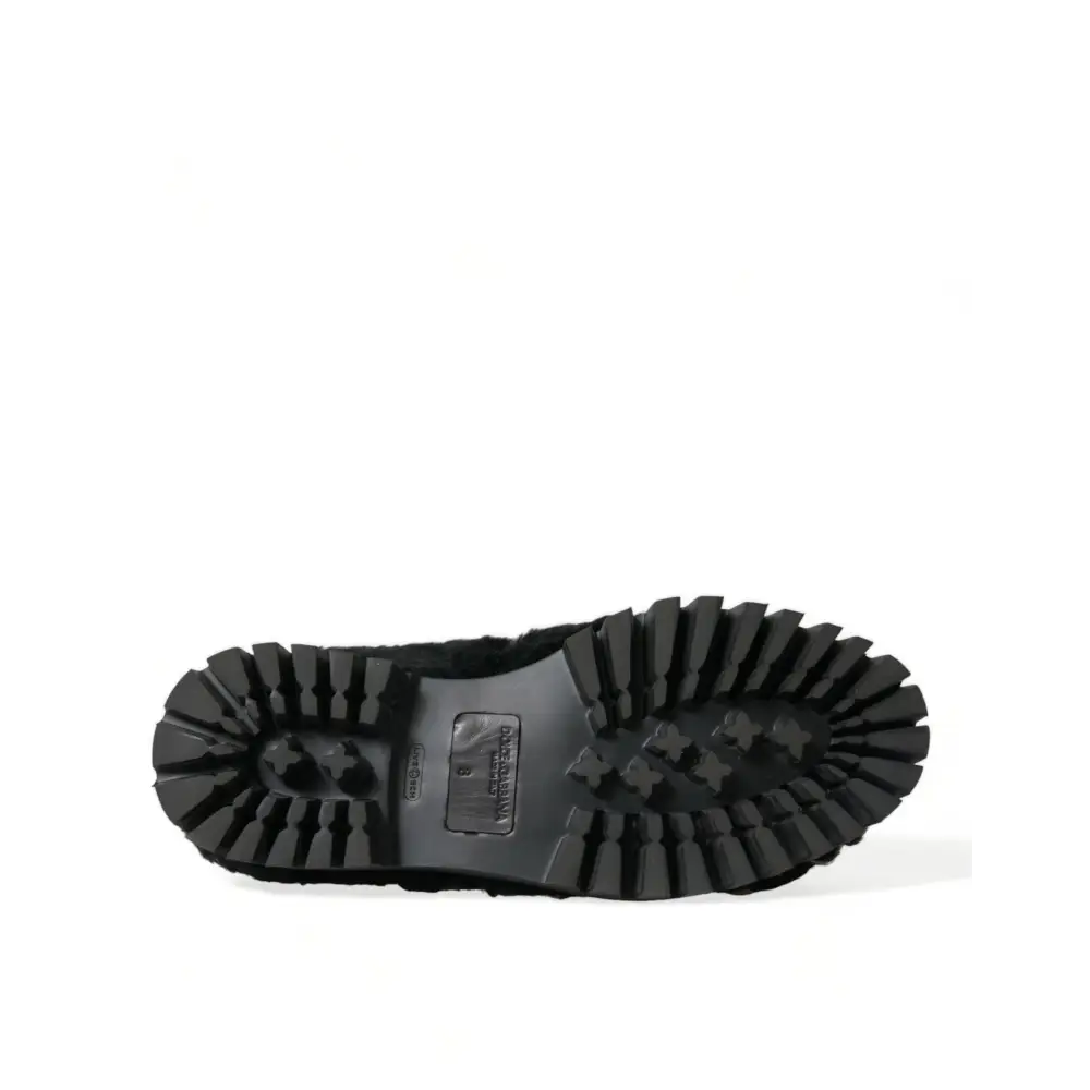 Dolce & Gabbana Schwarz Pelz Leder Hausschuhe Kleid Schuhe
