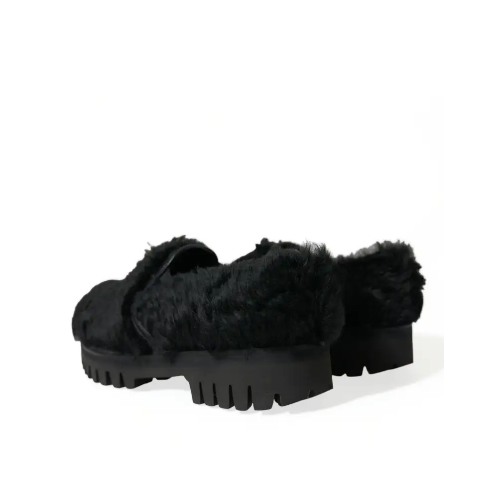 Dolce & Gabbana Schwarz Pelz Leder Hausschuhe Kleid Schuhe