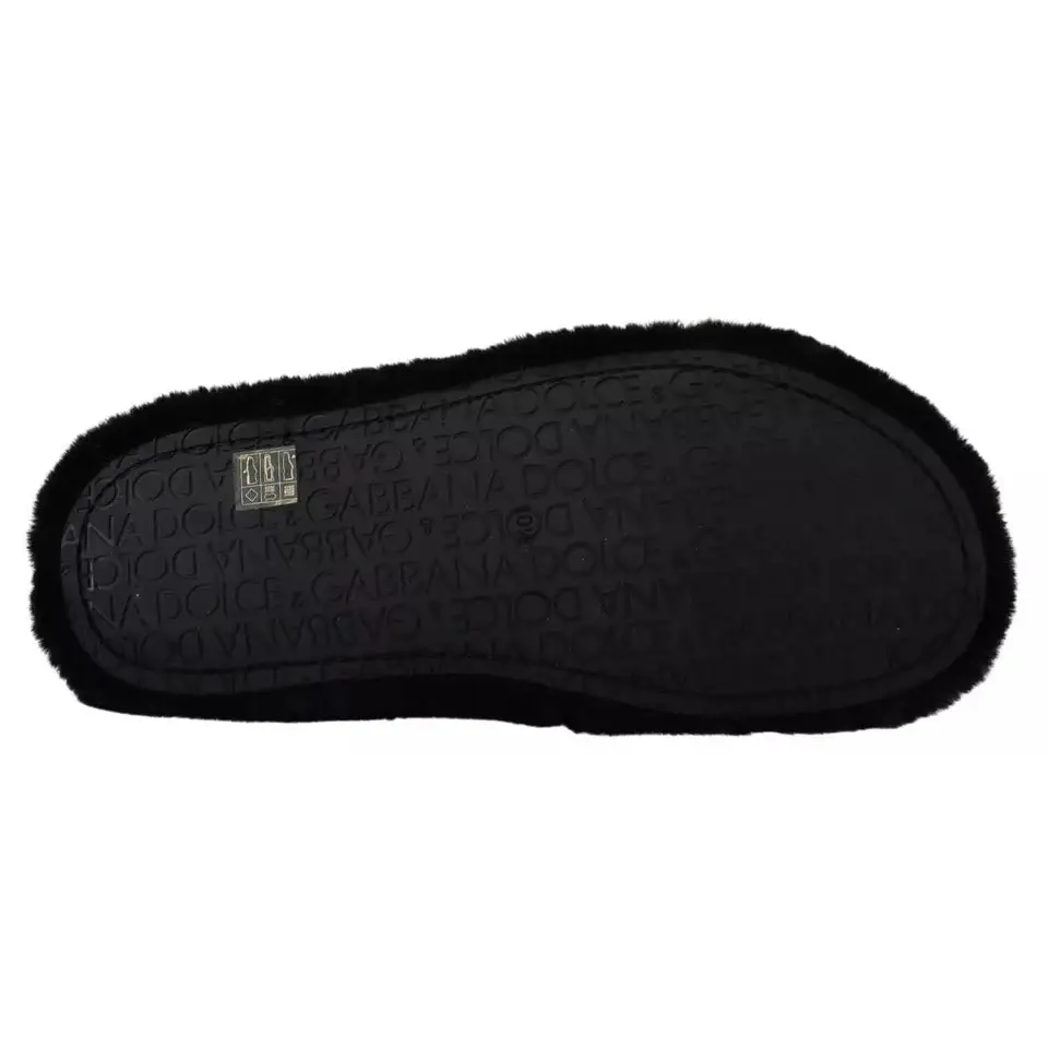 Dolce & Gabbana Schwarz Polyester Kunstfell Herren Flats Sandalen Schuhe - EU44.5/US11.5