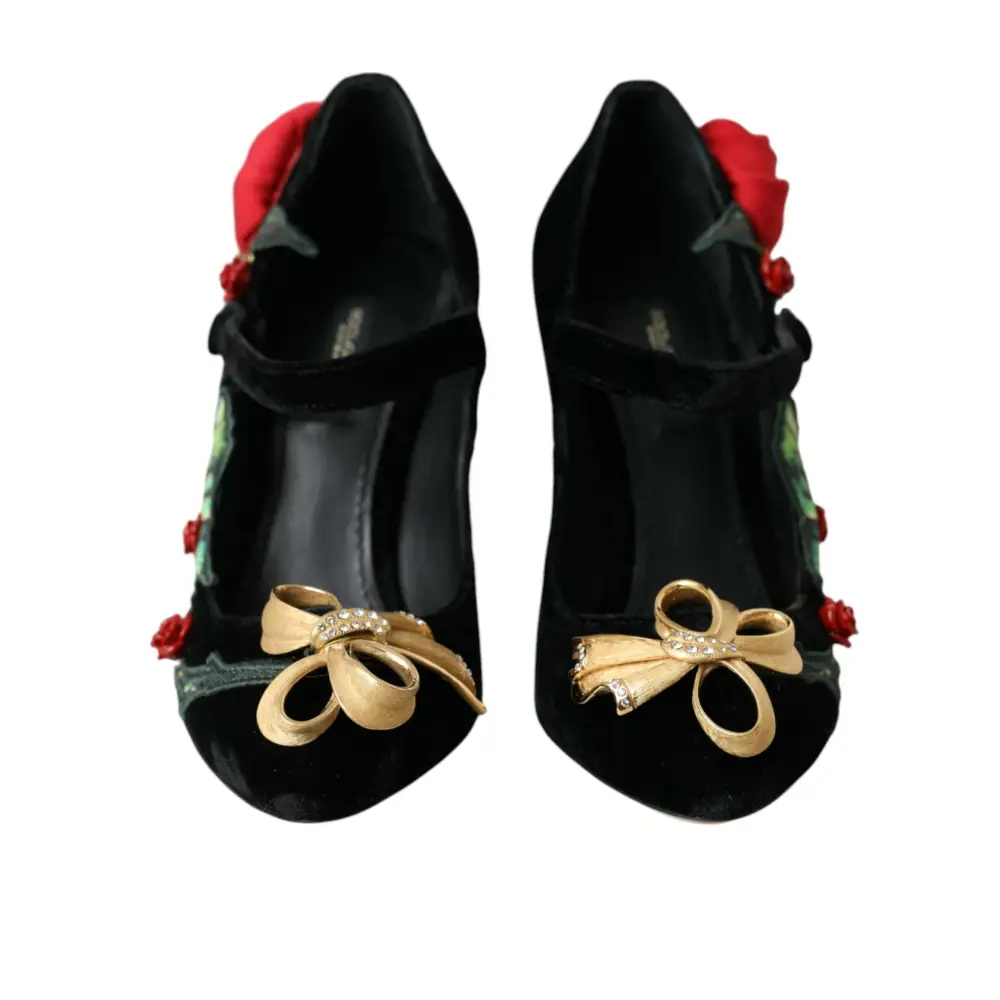 Dolce & Gabbana Schwarz Rosen Kristall Brosche Mary Jane Schuhe - EU36/US5.5