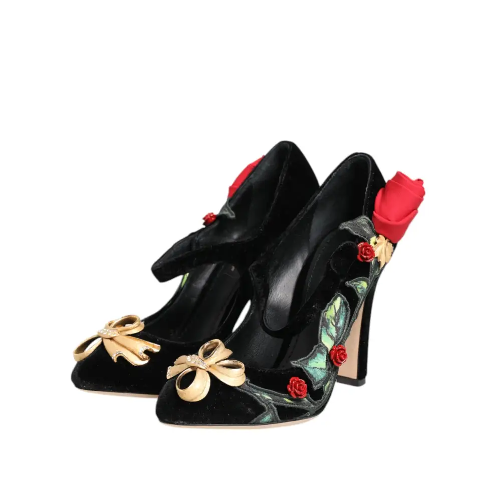 Dolce & Gabbana Schwarz Rosen Kristall Brosche Mary Jane Schuhe