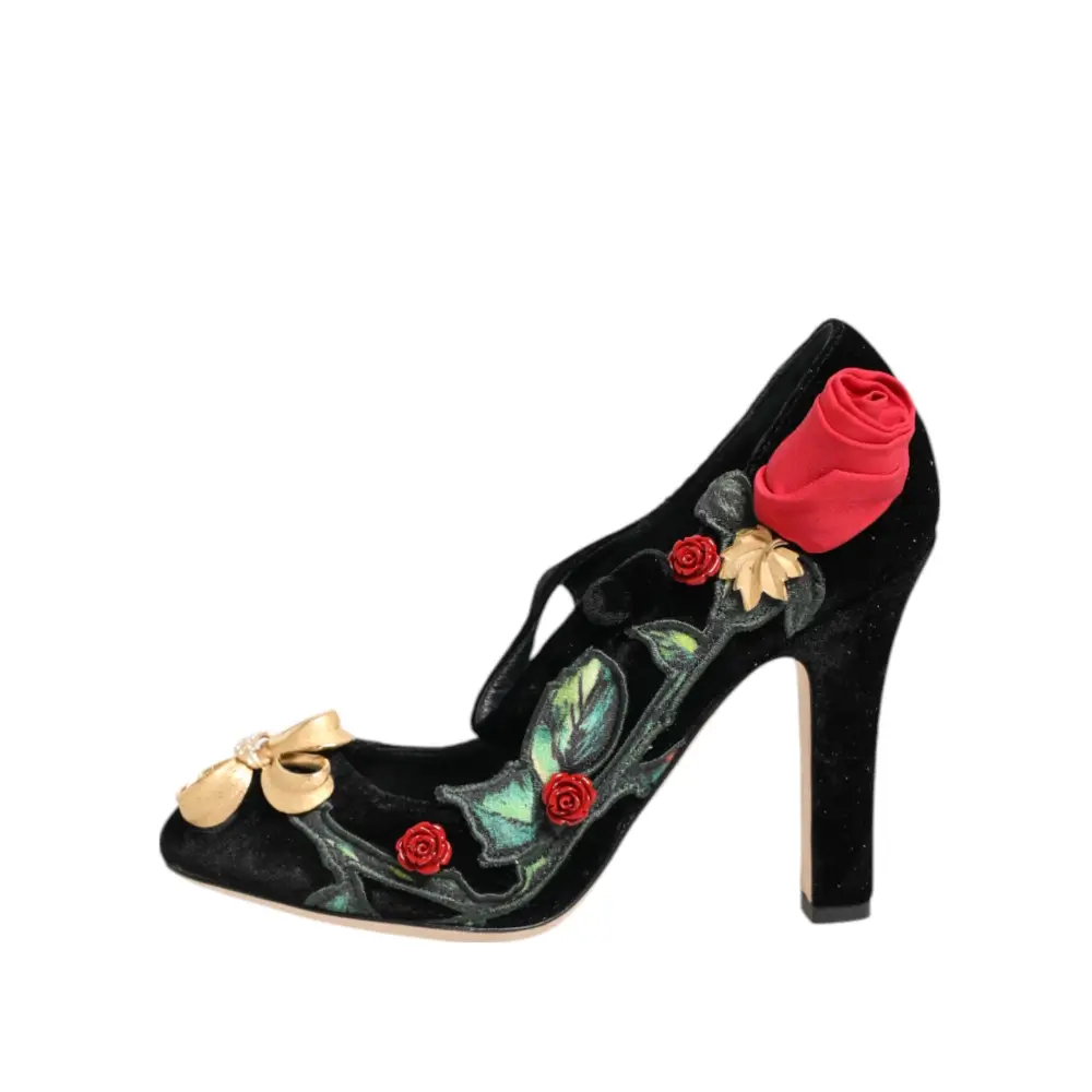 Dolce & Gabbana Schwarz Rosen Kristall Brosche Mary Jane Schuhe